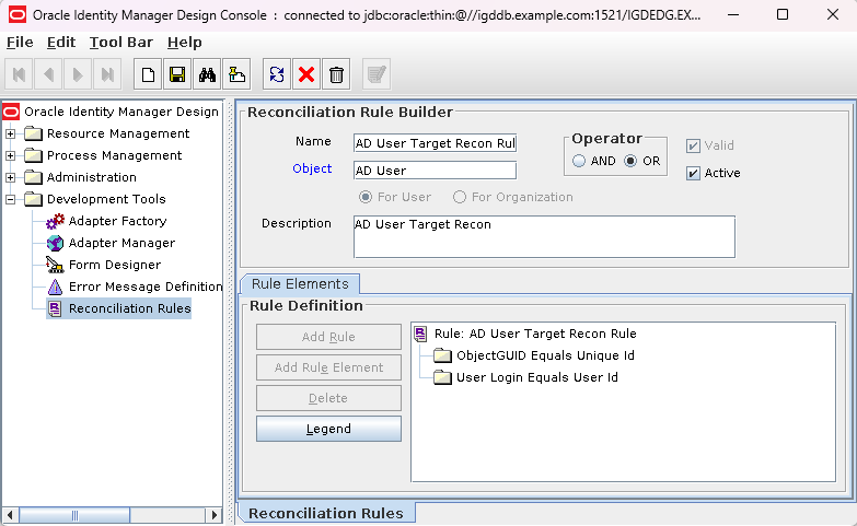 Screenshot of Oracle Identity Manager (OIM) Design Console - Reconciliation Rules screen