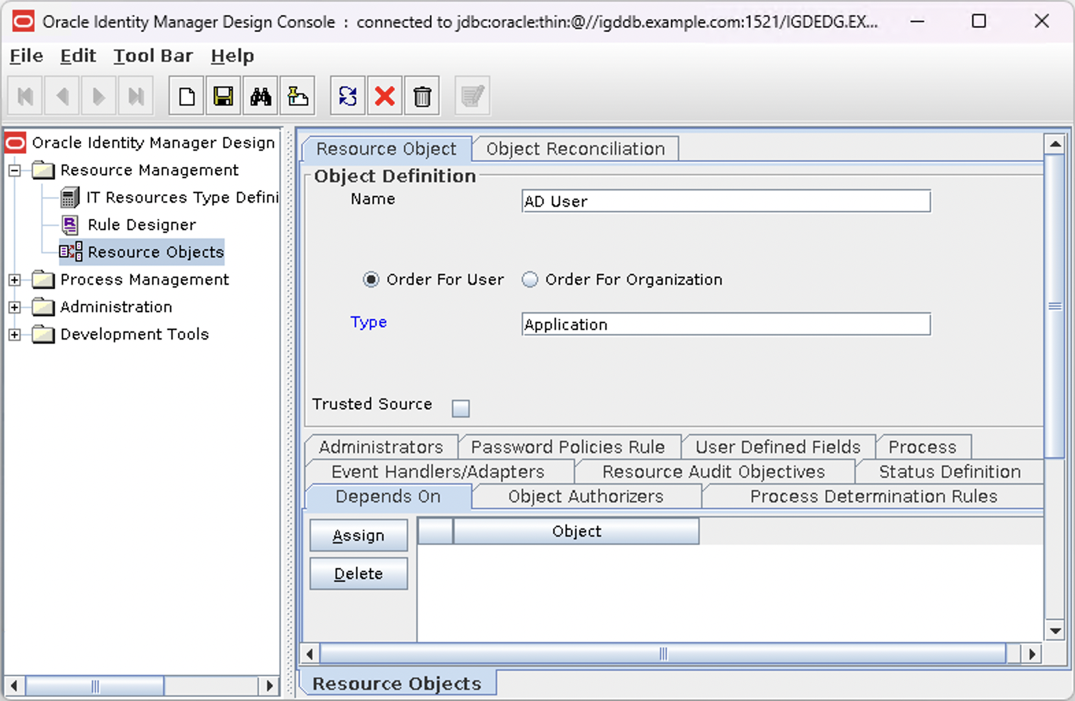 Screenshot of an Oracle Identity Manager Design Console Resource Object