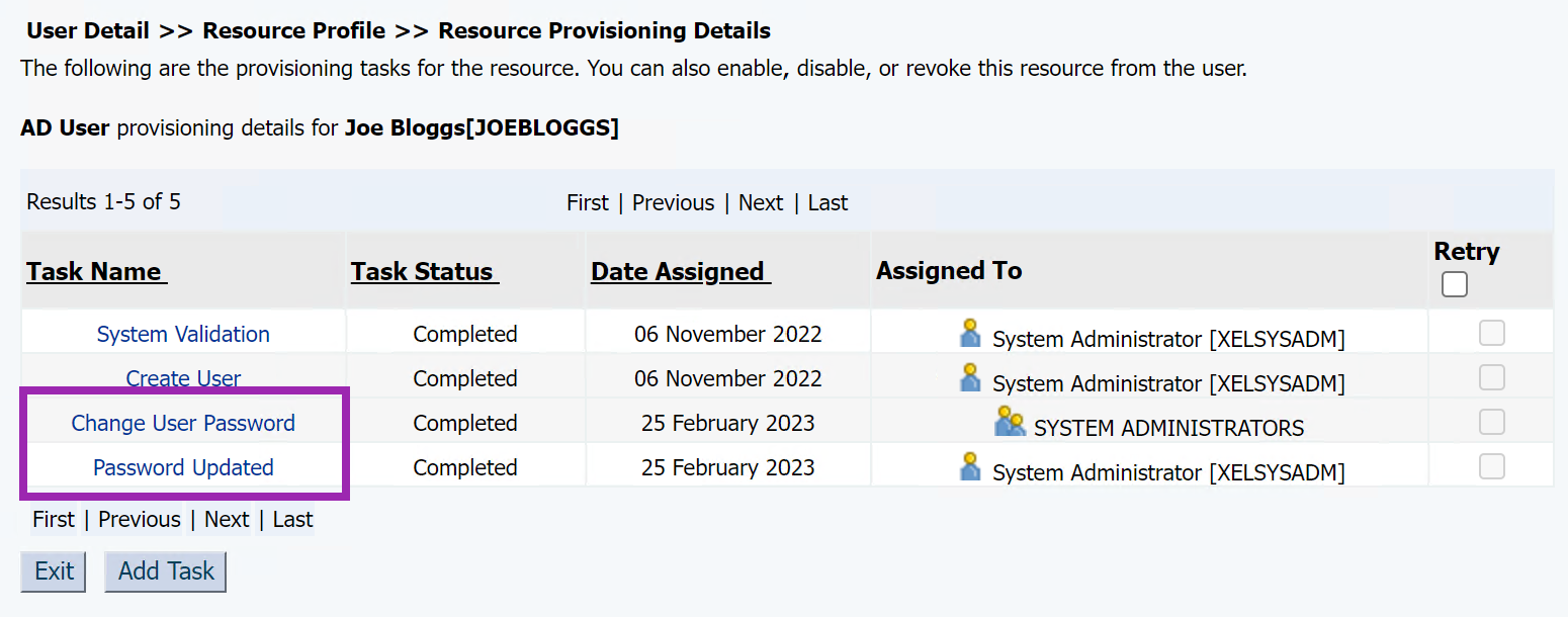 Screenshot of the Single Attribute Propagation feature by showing the Resource History of a User Account within the OIM Self Service screens