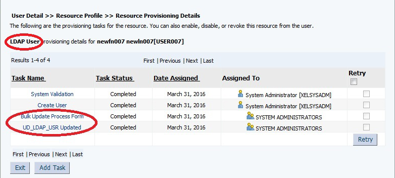 Screenshot of the Bulk Attribute Propagation feature by showing the Resource History of a User Account within the OIM Self Service screens