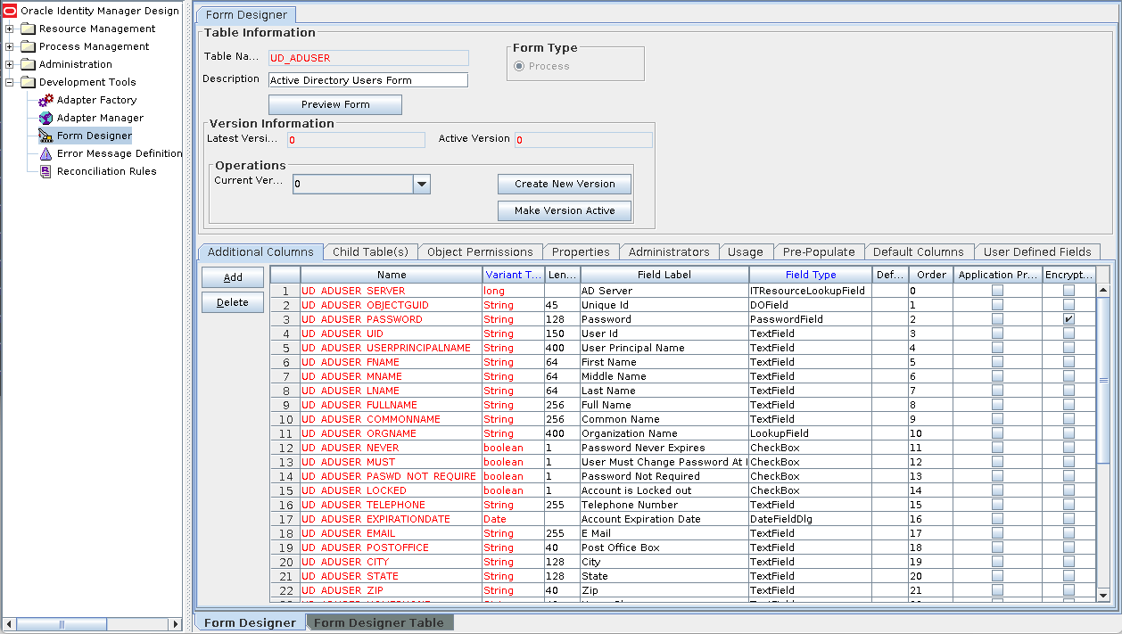 Screenshot of Oracle Identity Manager (OIM) Process Form Designer Screen in the Design Console.