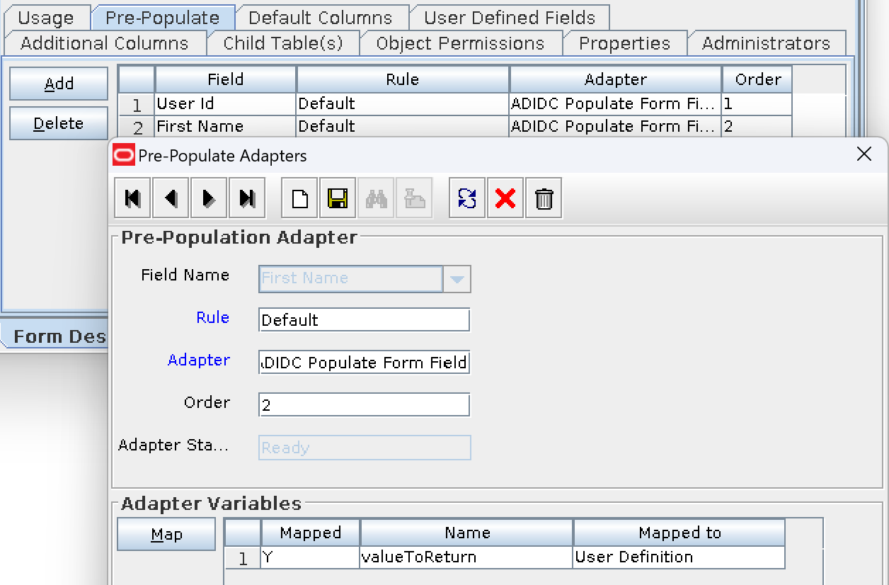 Screenshot of Oracle Identity Manager (OIM) Pre-populate Adapters, Process Form Designer Screen in the Design Console.