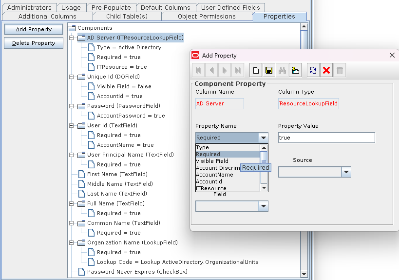 Screenshot of Oracle Identity Manager (OIM) Process Form Designer Screen in the Design Console - Properties tab.