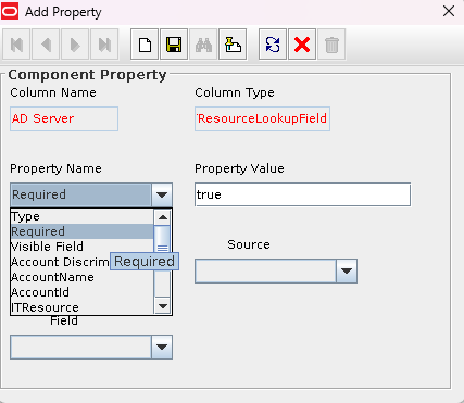 Screenshot of Oracle Identity Manager (OIM) Process Form Designer Screen in the Design Console - Properties tab.