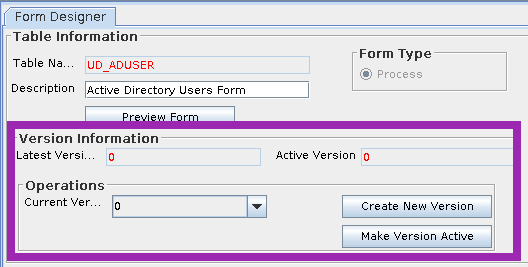 Screenshot of Oracle Identity Manager (OIM) Process Form Designer Screen in the Design Console, focusing on the Version Information panel.