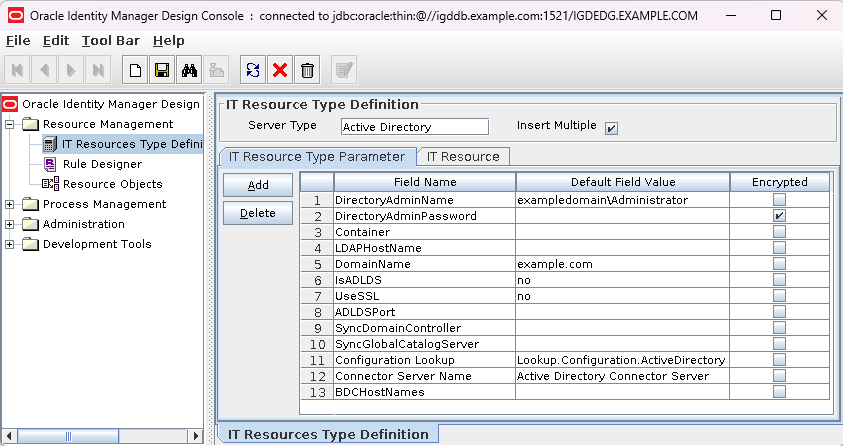 Screenshot of Oracle Identity Manager (OIM) Design Console - IT Resource Type Definition