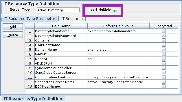 Screenshot of Oracle Identity Manager (OIM) Design Console - IT Resource Type Definition - Insert Multiple property