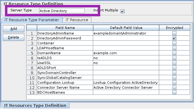 Screenshot of Oracle Identity Manager (OIM) Design Console - IT Resource Type Definition - Server Type property