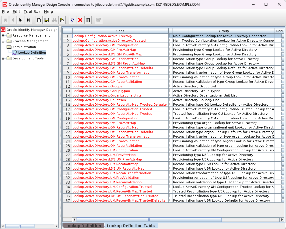 Screenshot of Oracle Identity Manager (OIM) List of Connector Lookups in the Design Console.