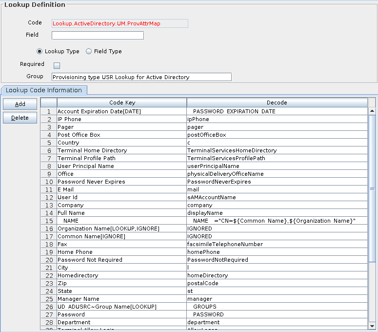 Screenshot of Oracle Identity Manager (OIM) Connector Lookup Definition in the Design Console - Lookup.ActiveDirectory.UM.ProvAttrMap