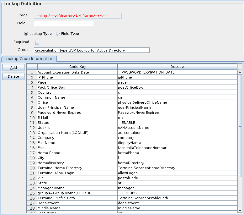 Screenshot of Oracle Identity Manager (OIM) Connector Lookup Definition in the Design Console - Lookup.ActiveDirectory.UM.ReconAttrMap