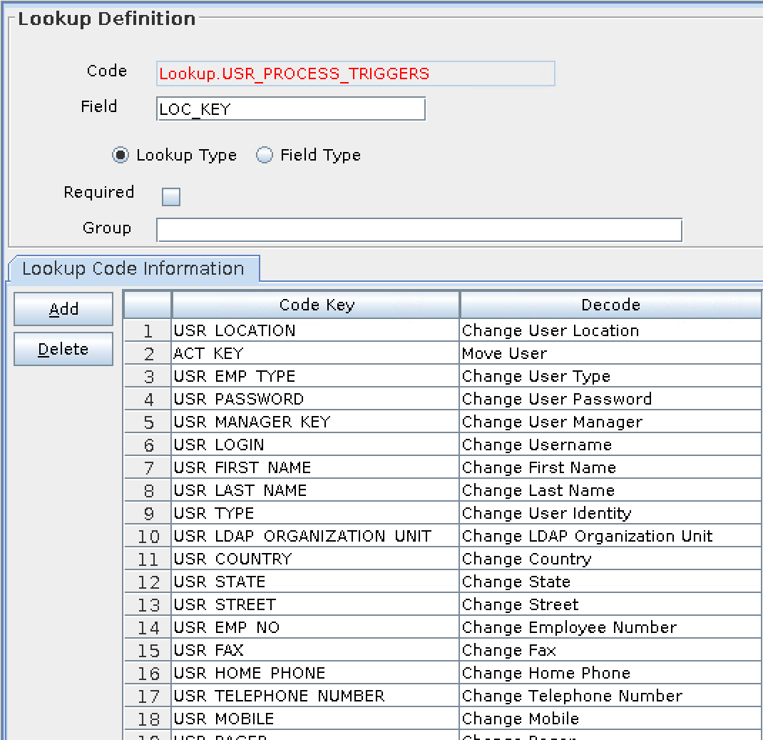 Screenshot of Oracle Identity Manager (OIM) Connector Lookup Definition in the Design Console - Lookup.USR_PROCESS_TRIGGERS