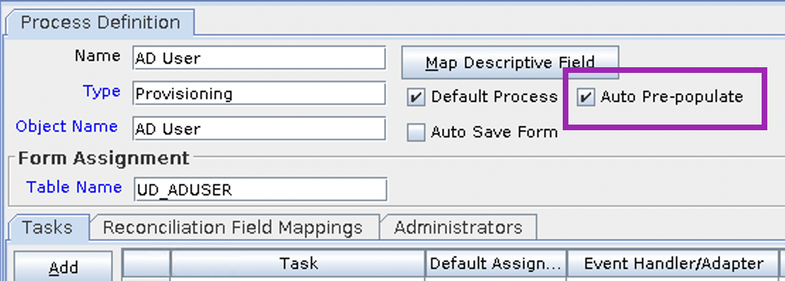 Screenshot of the Auto Pre-Populate property of a Process Definition within the OIM Design Console