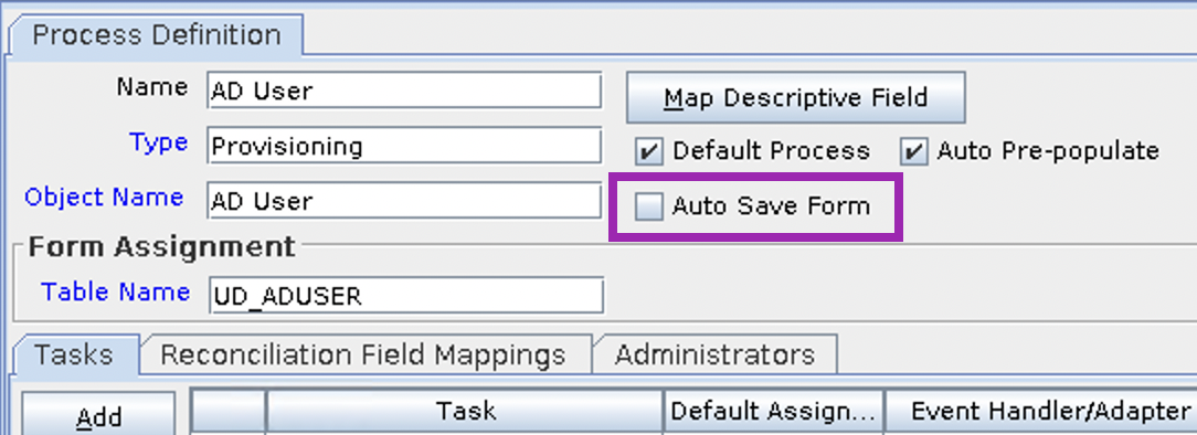 Screenshot of the Auto Save Form property of a Process Definition within the OIM Design Console