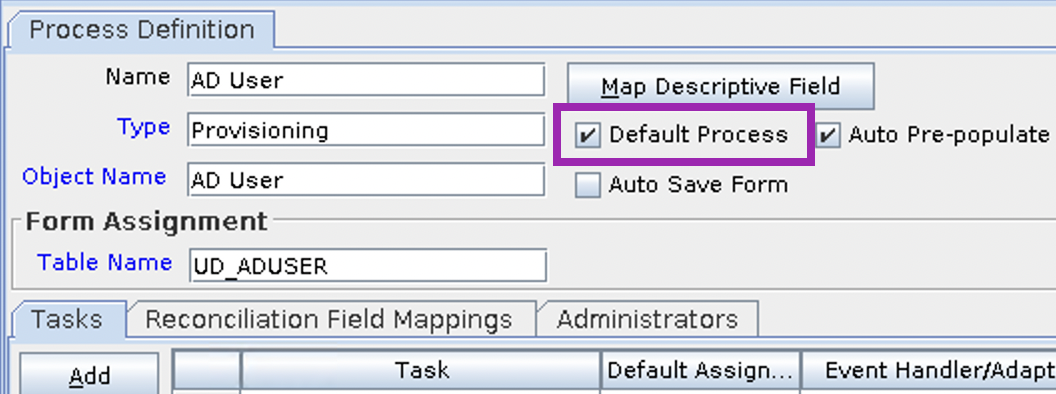 Screenshot of the Default Process property of a Process Definition within the OIM Design Console