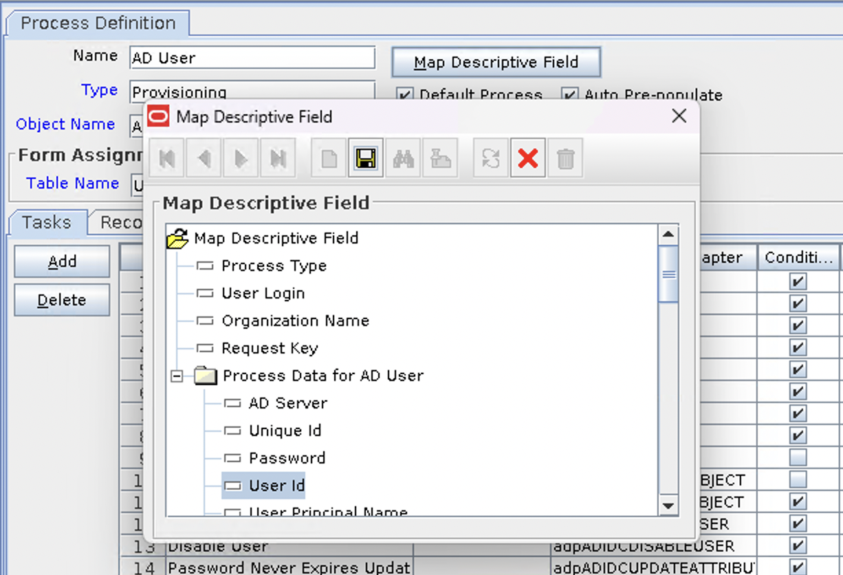 Screenshot of the Map Descriptive Field property of a Process Definition within the OIM Design Console