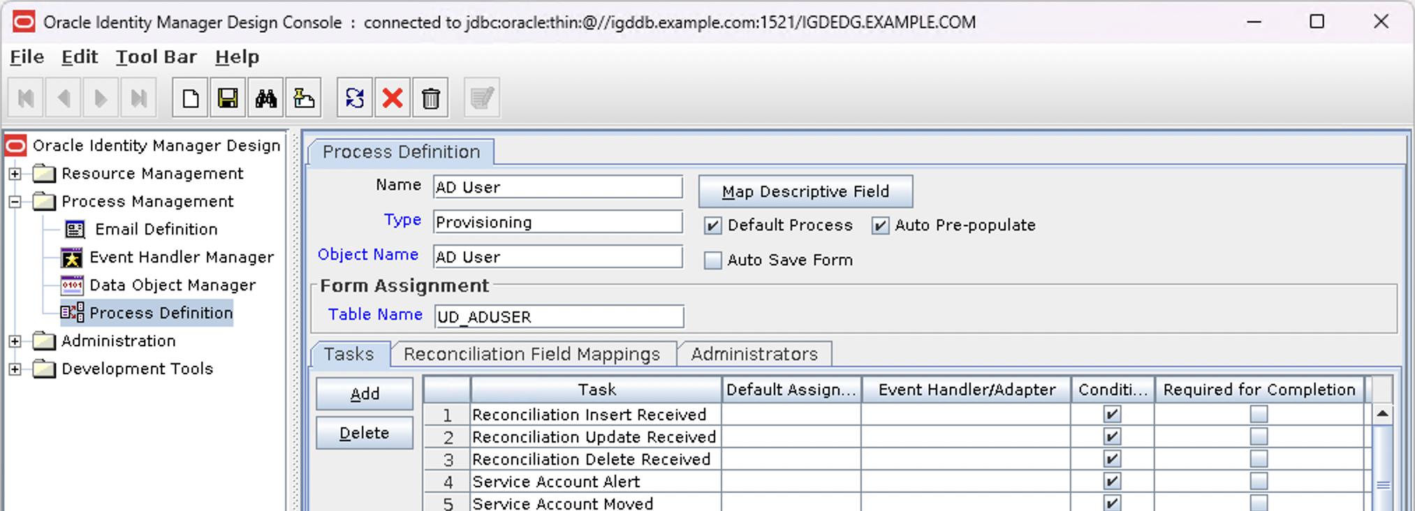 Screenshot of a Process Definition with all its properties within the OIM Design Console