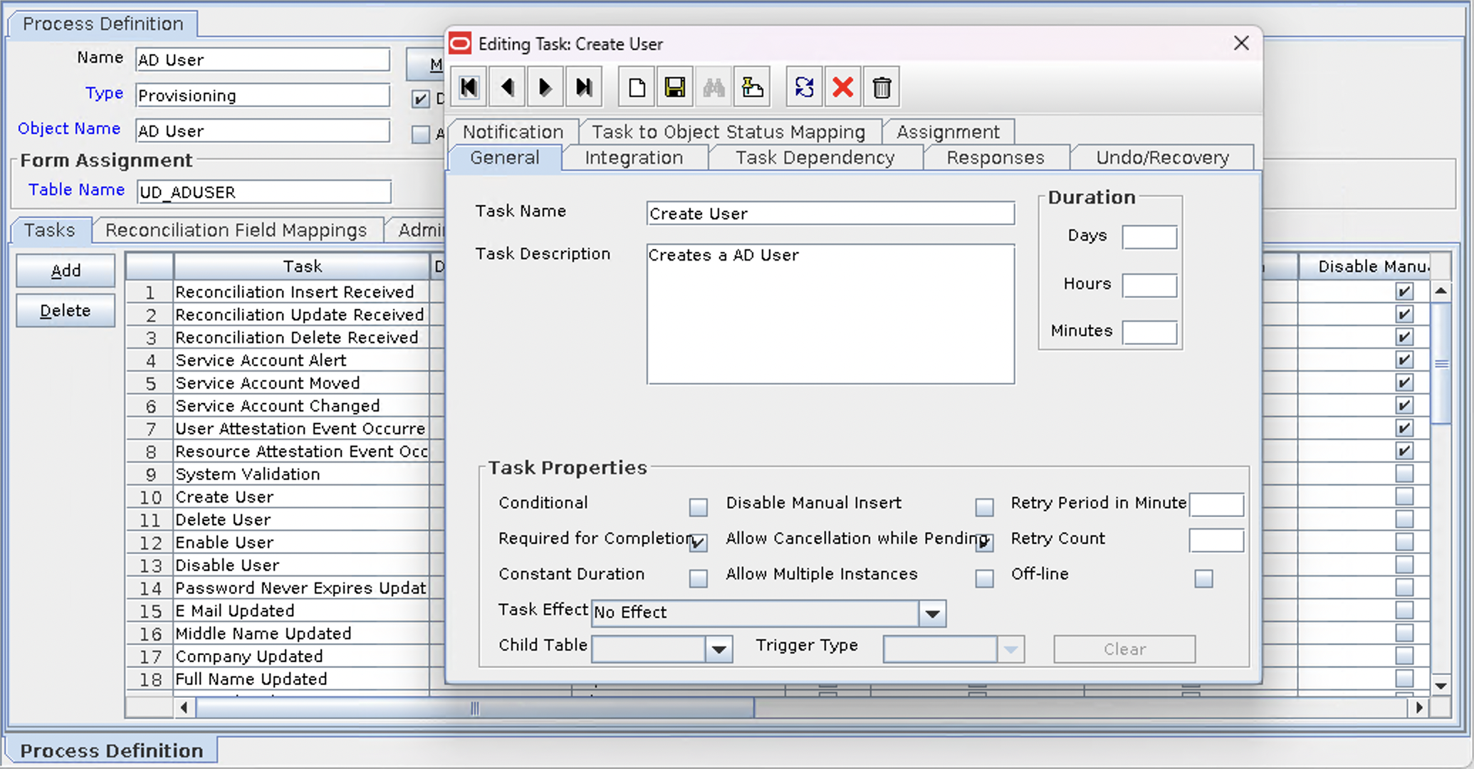 Screenshot of the Process Task property of a Process Definition within the OIM Design Console