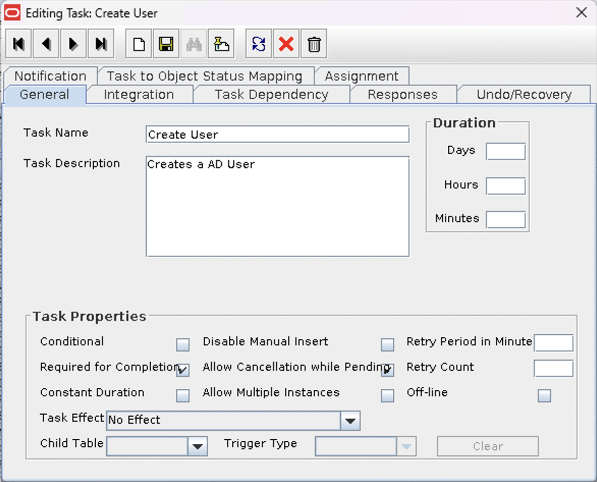 Screenshot of the General tab of a Process Task which is a property of a Process Definition within the OIM Design Console