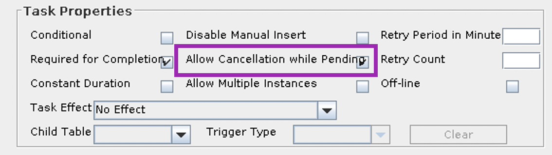 Screenshot of the Allow Cancellation while Pending property found in the Process Task General tab of a Process Definition within the OIM Design Console