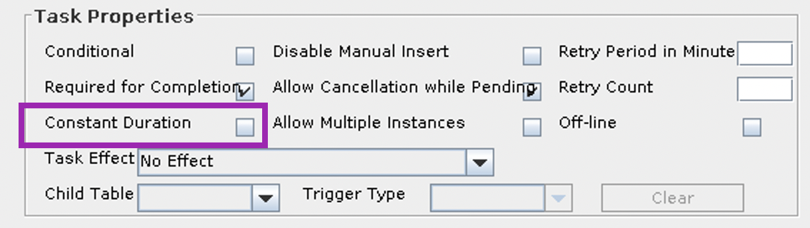 Screenshot of the Constant Duration property found in the Process Task General tab of a Process Definition within the OIM Design Console