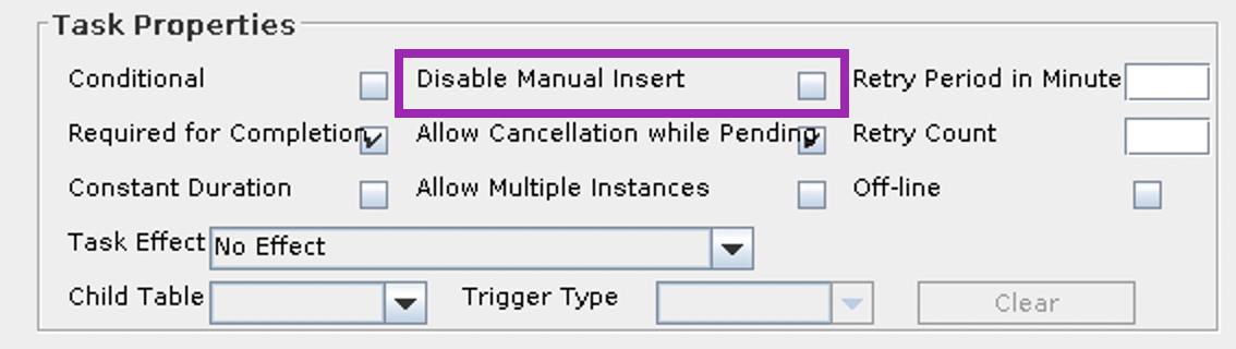 Screenshot of the Disable Manual Insert property found in the Process Task General tab of a Process Definition within the OIM Design Console