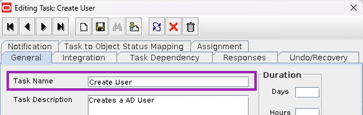 Screenshot of the Name property found in the Process Task General tab of a Process Definition within the OIM Design Console