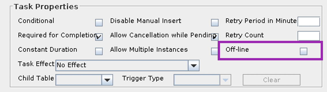 Screenshot of the Off-line / Offline property found in the Process Task General tab of a Process Definition within the OIM Design Console