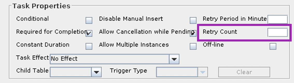 Screenshot of the Retry Count while Pending property found in the Process Task General tab of a Process Definition within the OIM Design Console