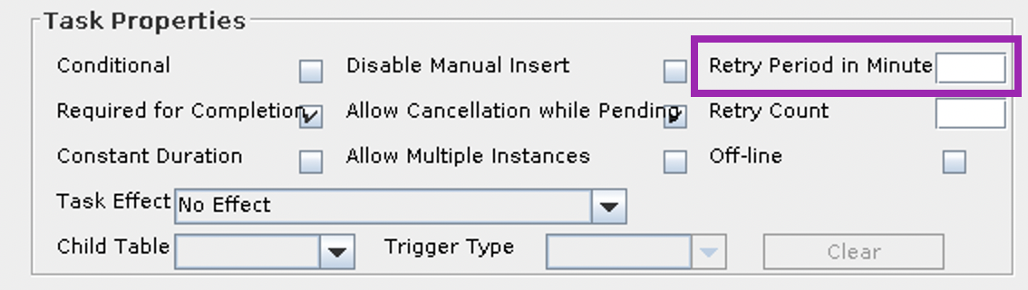 Screenshot of the Retry Period in Minutes while Pending property found in the Process Task General tab of a Process Definition within the OIM Design Console