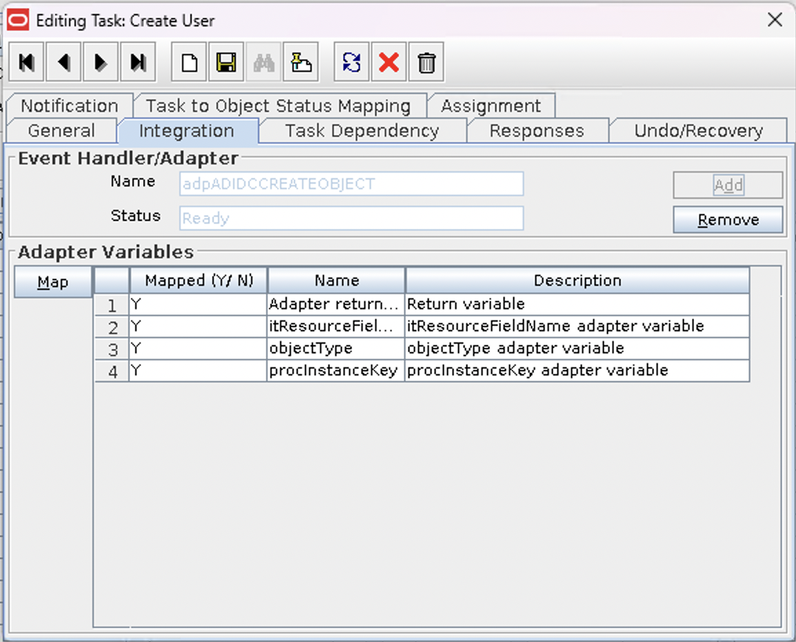 Screenshot of the Integration tab of a Process Task which is a property of a Process Definition within the OIM Design Console