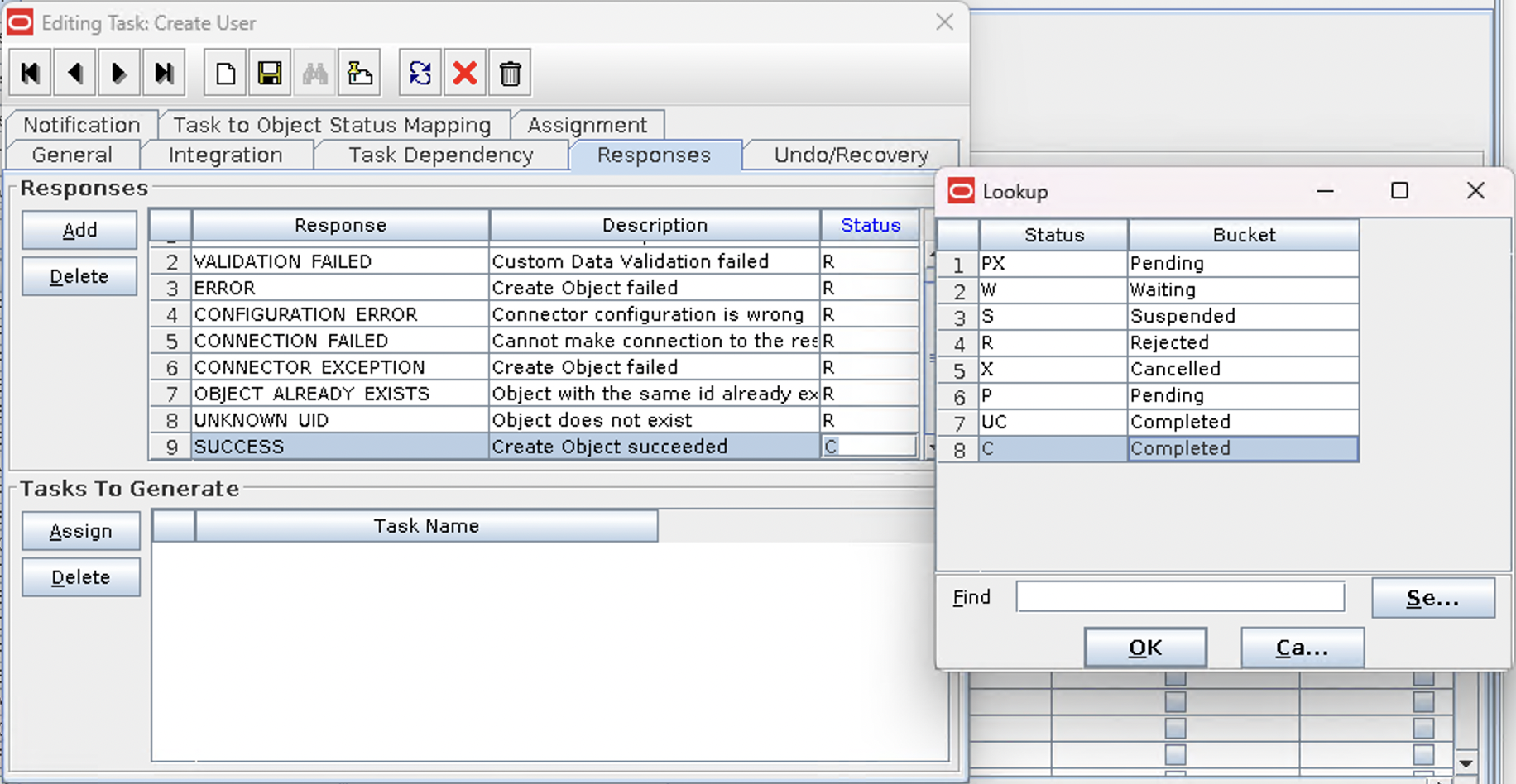 Screenshot of the Response entry screen from within the Responses tab of a Process Task which is a property of a Process Definition within the OIM Design Console