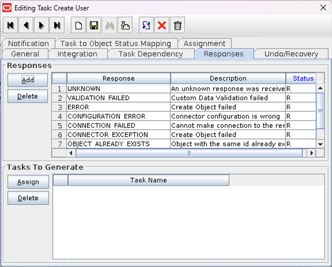 Screenshot of the Responses tab of a Process Task which is a property of a Process Definition within the OIM Design Console