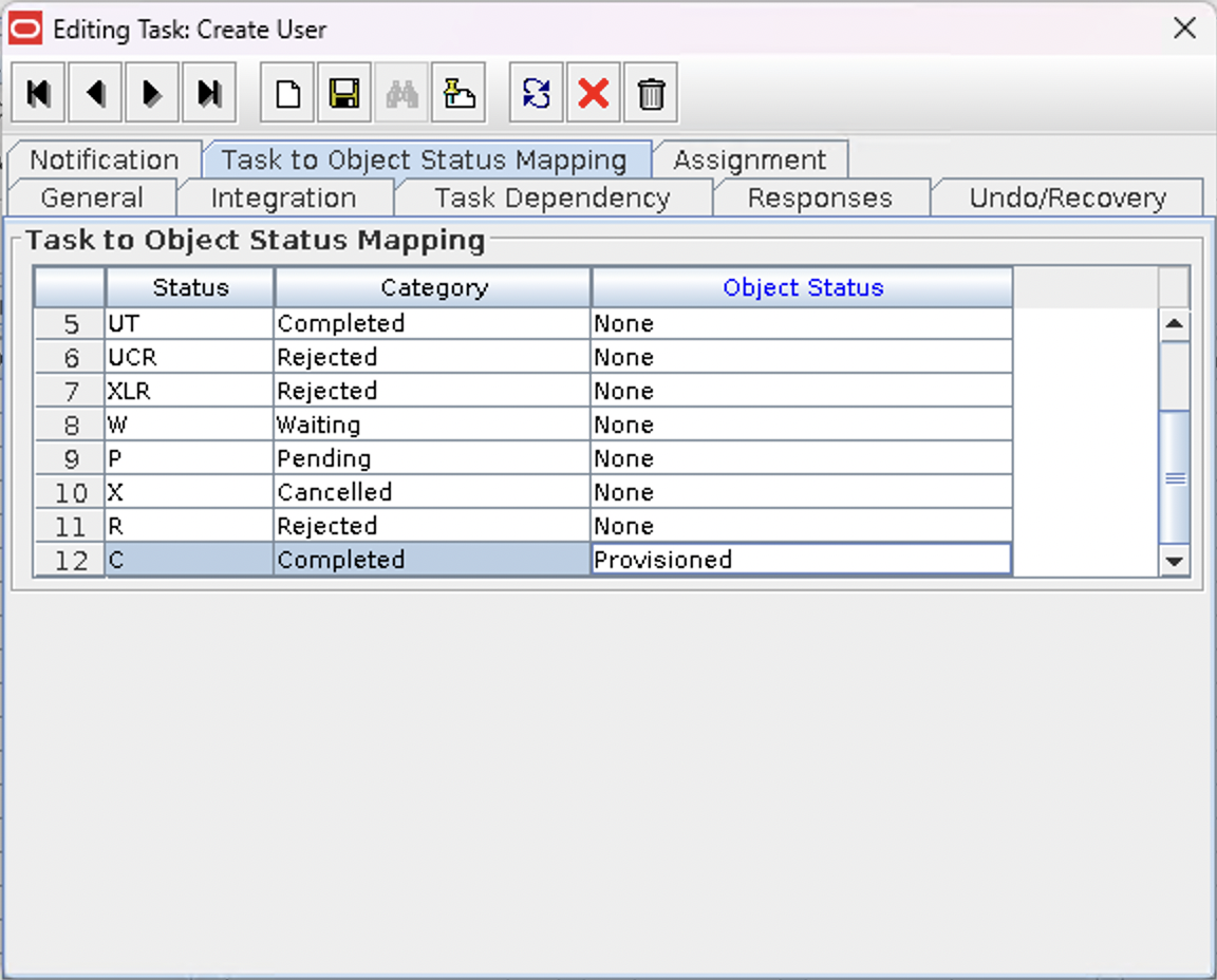 Screenshot of the Task to Object Status Mapping tab of a Process Task which is a property of a Process Definition within the OIM Design Console