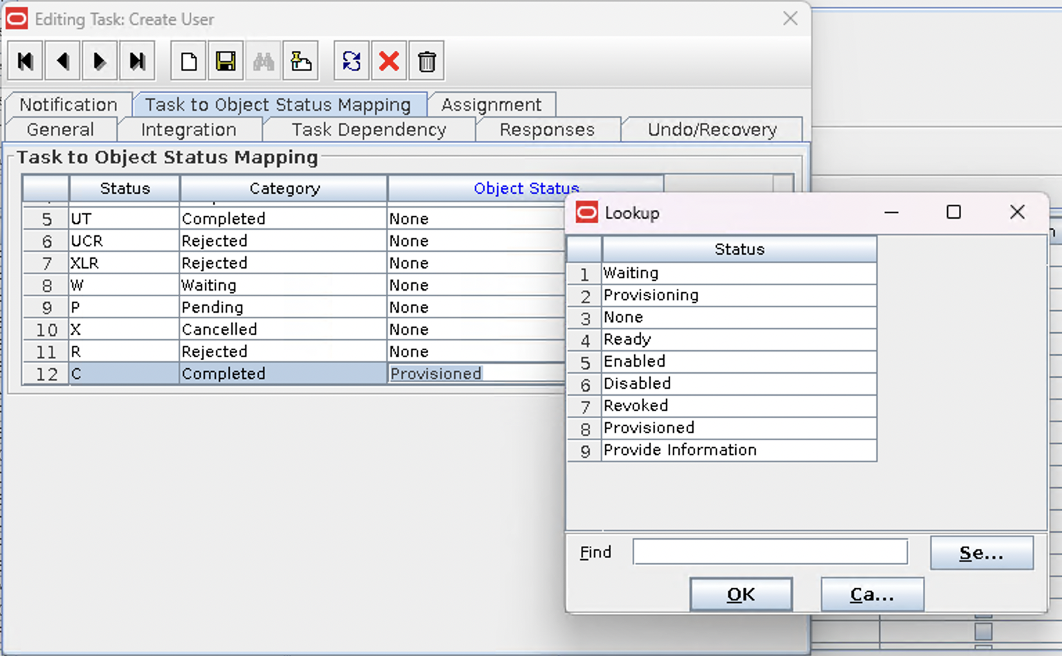 Screenshot of the Task to Object Status of a Process Task which is a property of a Process Definition within the OIM Design Console