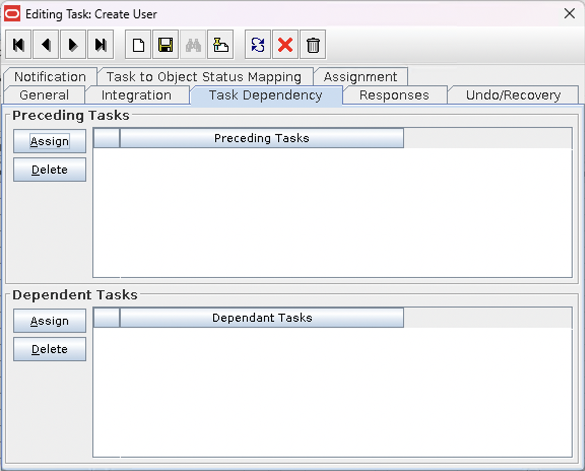 Screenshot of the Task Dependency tab of a Process Task which is a property of a Process Definition within the OIM Design Console