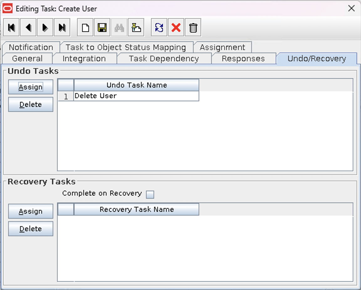 Screenshot of the Undo/Recovery tab of a Process Task which is a property of a Process Definition within the OIM Design Console