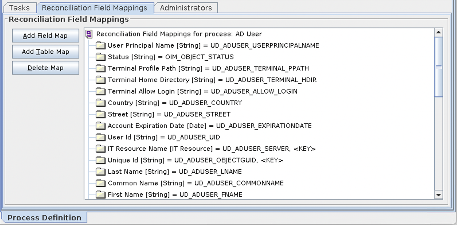 Screenshot of the Reconciliation Field Mappings property of a Process Definition within the OIM Design Console