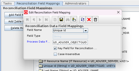 Screenshot of the Reconciliation Field Mapping Field-Map property of a Process Definition within the OIM Design Console