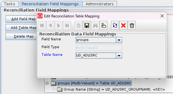 Screenshot of the Reconciliation Field Mapping Table-Map property of a Process Definition within the OIM Design Console