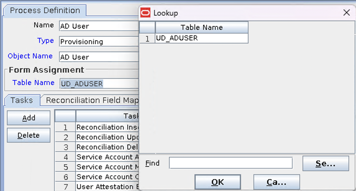 Screenshot of the Table Name property of a Process Definition within the OIM Design Console