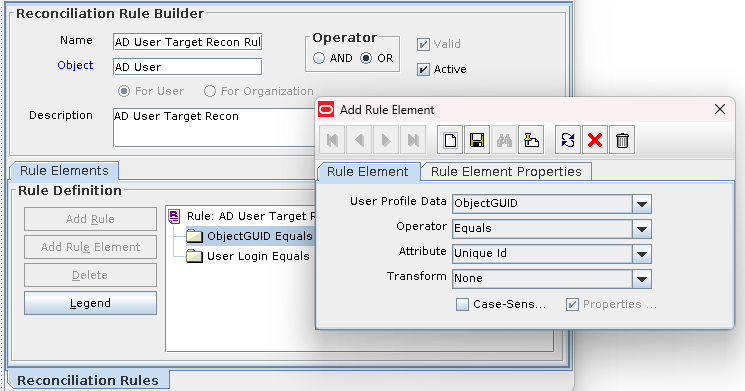 Screenshot of Oracle Identity Manager (OIM) Design Console - Reconciliation Rules Element screen