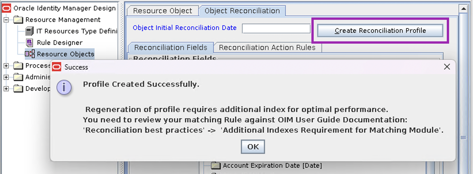 Screenshot of popup after clicking Create Reconciliation Profile within the OIM Design Console Resource Object