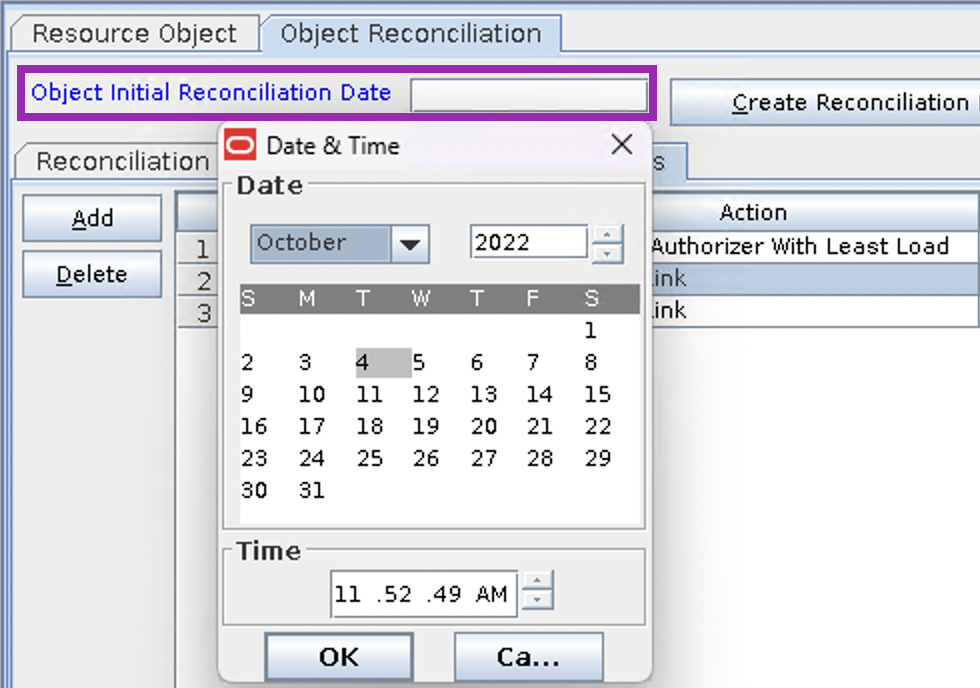 Screenshot of popup after double-clicking Object Initial Recon Date field within the OIM Design Console Resource Object