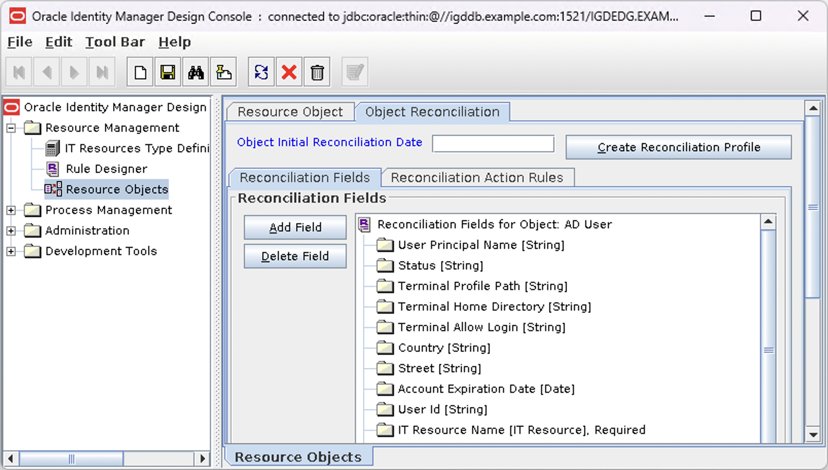 Screenshot of the Object Reconciliation tab from the Resource Object page within the OIM Design Console