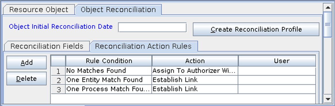 Screenshot of Reconciliation Action Rules from the Resource Object Reconciliation tab within the OIM Design Console