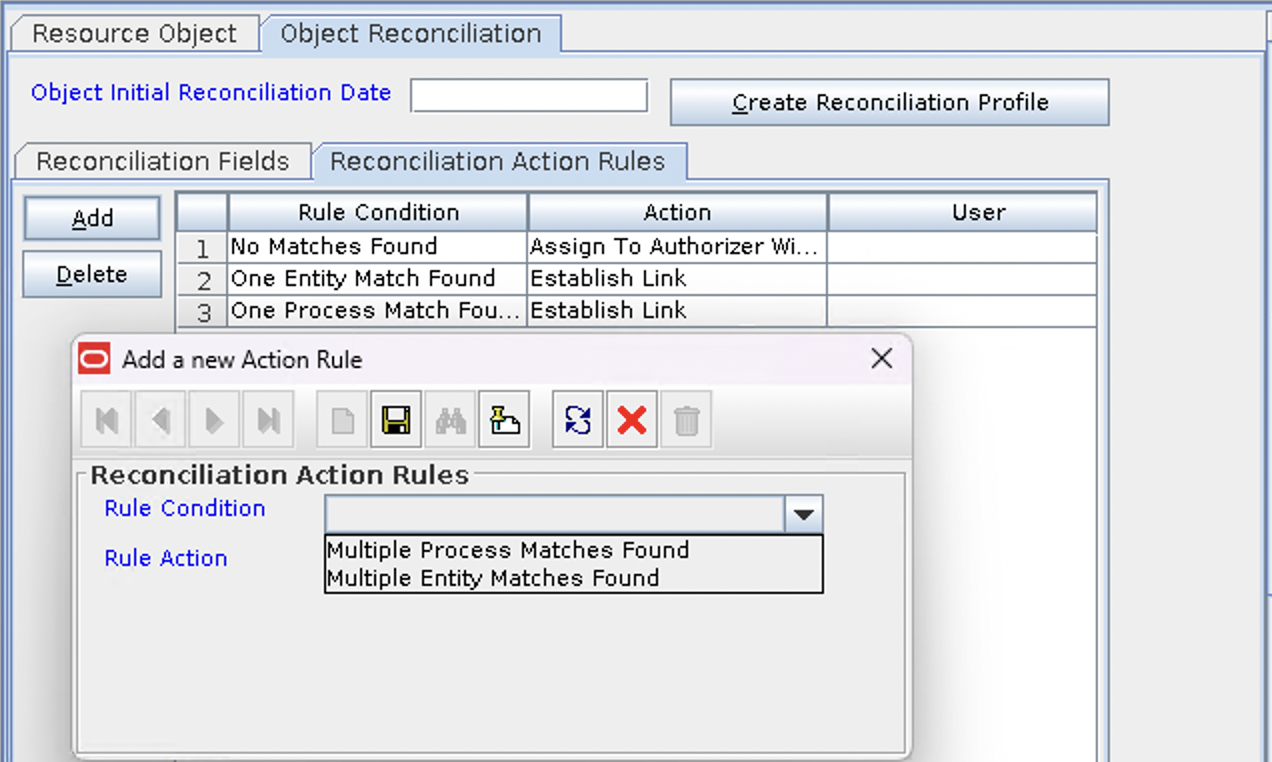 Screenshot of Add button within Reconciliation Action Rules from the Resource Object Reconciliation tab within the OIM Design Console