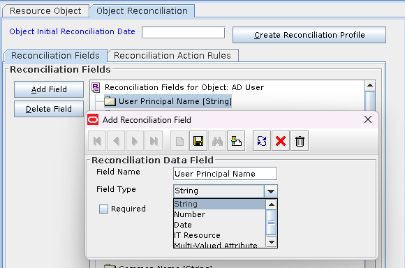 Screenshot of Add or Edit Recon Field from the OIM Design Console, Resource Object Reconciliation tab