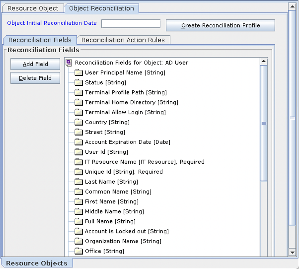 Screenshot of Recon Fields from the OIM Design Console, Resource Object Reconciliation tab