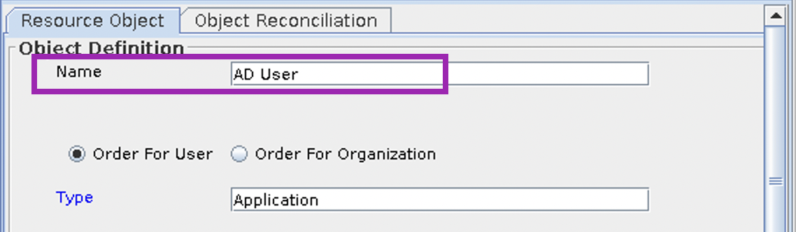 Screenshot of an Oracle Identity Manager Design Console Resource Object Name field